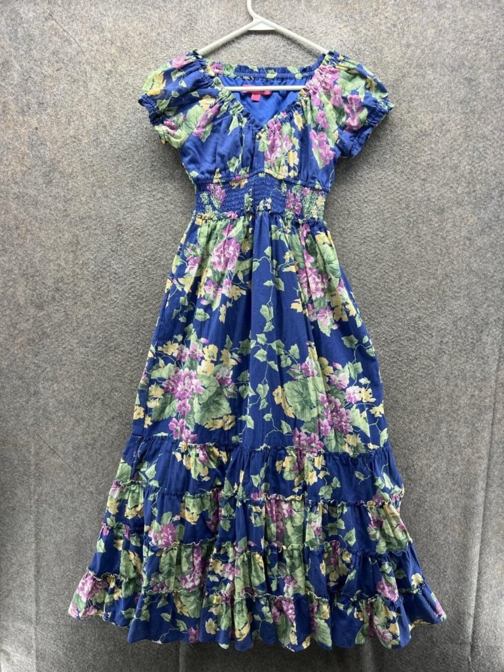 Betsey Johnson Dress Womens Small Blue Floral V Neck Puff Sleeve Maxi Smocked